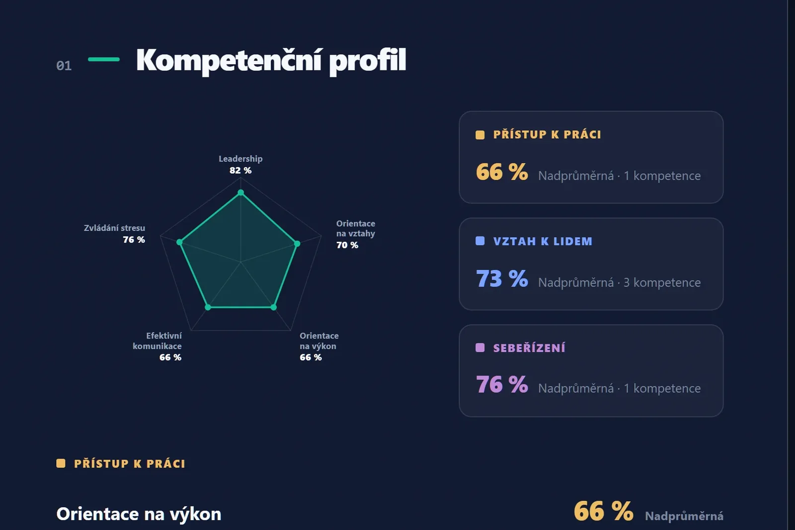Kompetenční profil ve zprávě z videodiagnostiky, ukázka se smyšlenými daty.